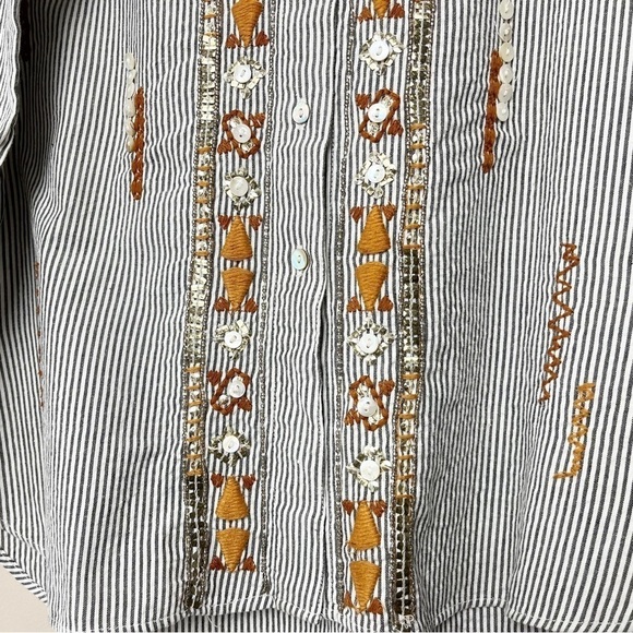 Zara Woman button front shirt blouse top striped boho embroidered beaded neutral - Picture 3 of 12